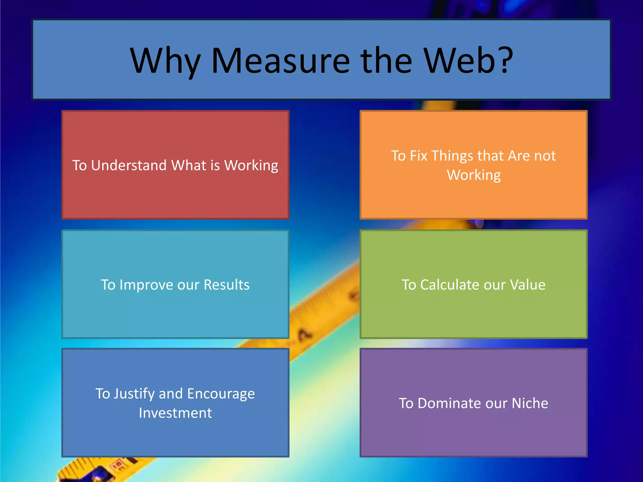 Why Measure the Web?

                                To Fix Things that Are not
To Understand What is Working
                                         Working




    To Improve our Results       To Calculate our Value




   To Justify and Encourage
                                 To Dominate our Niche
          Investment
 