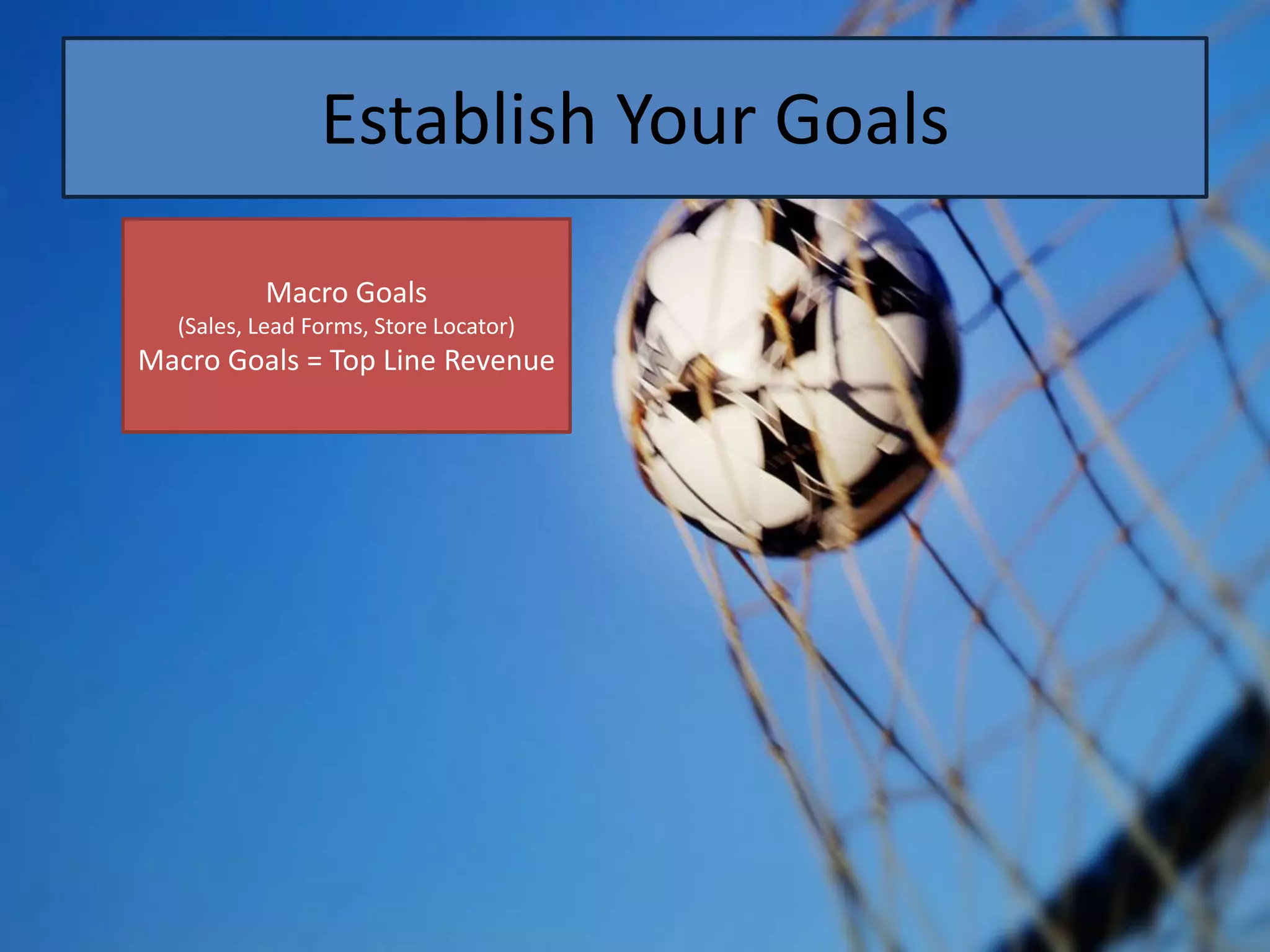 Establish Your Goals

          Macro Goals
  (Sales, Lead Forms, Store Locator)
Macro Goals = Top Line Revenue
 