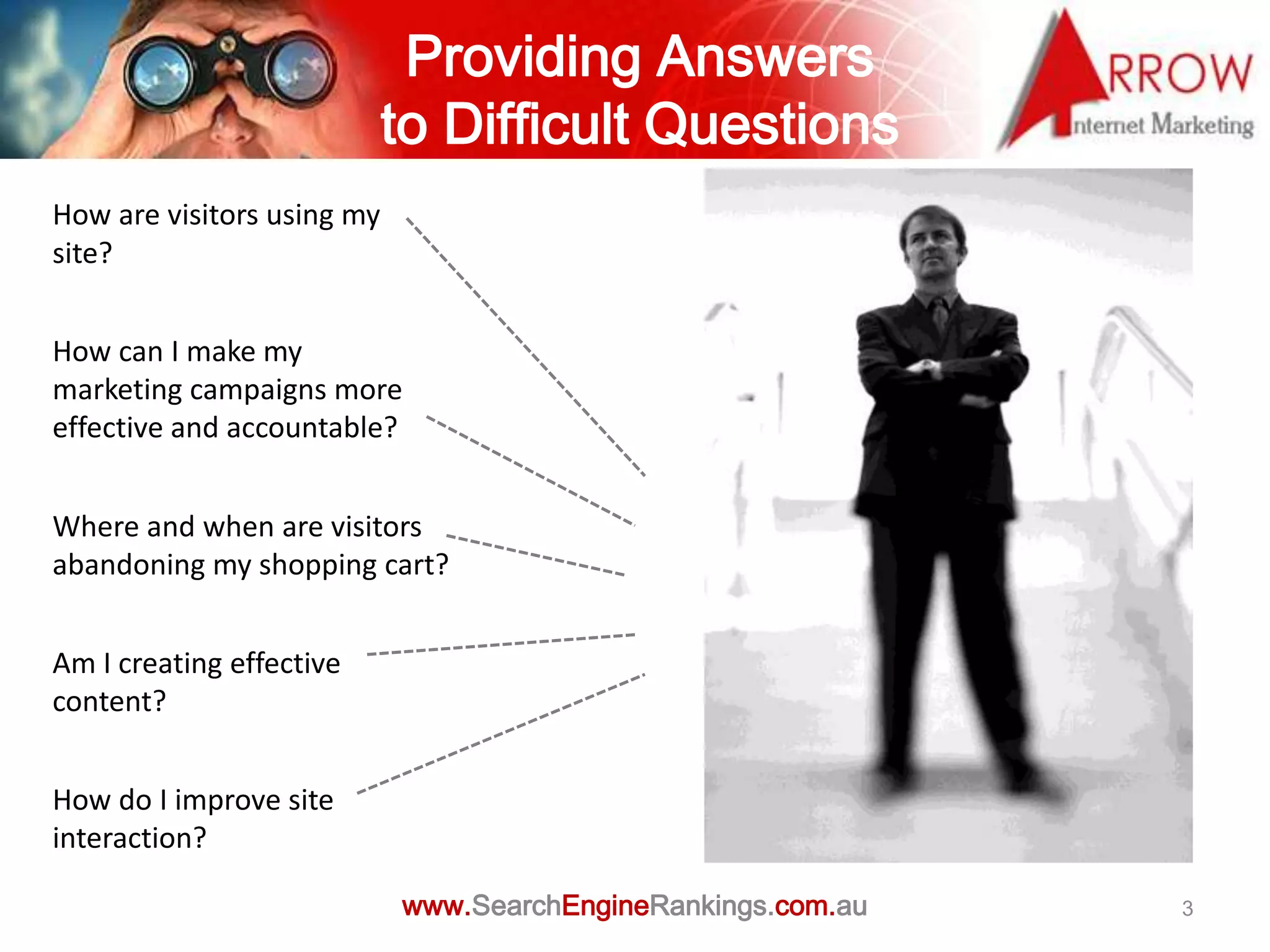Providing Answers
                            to Difficult Questions
How are visitors using my
site?


How can I make my
marketing campaigns more
effective and accountable?


Where and when are visitors
abandoning my shopping cart?


Am I creating effective
content?


How do I improve site
interaction?

                            www.SearchEngineRankings.com.au   3
 