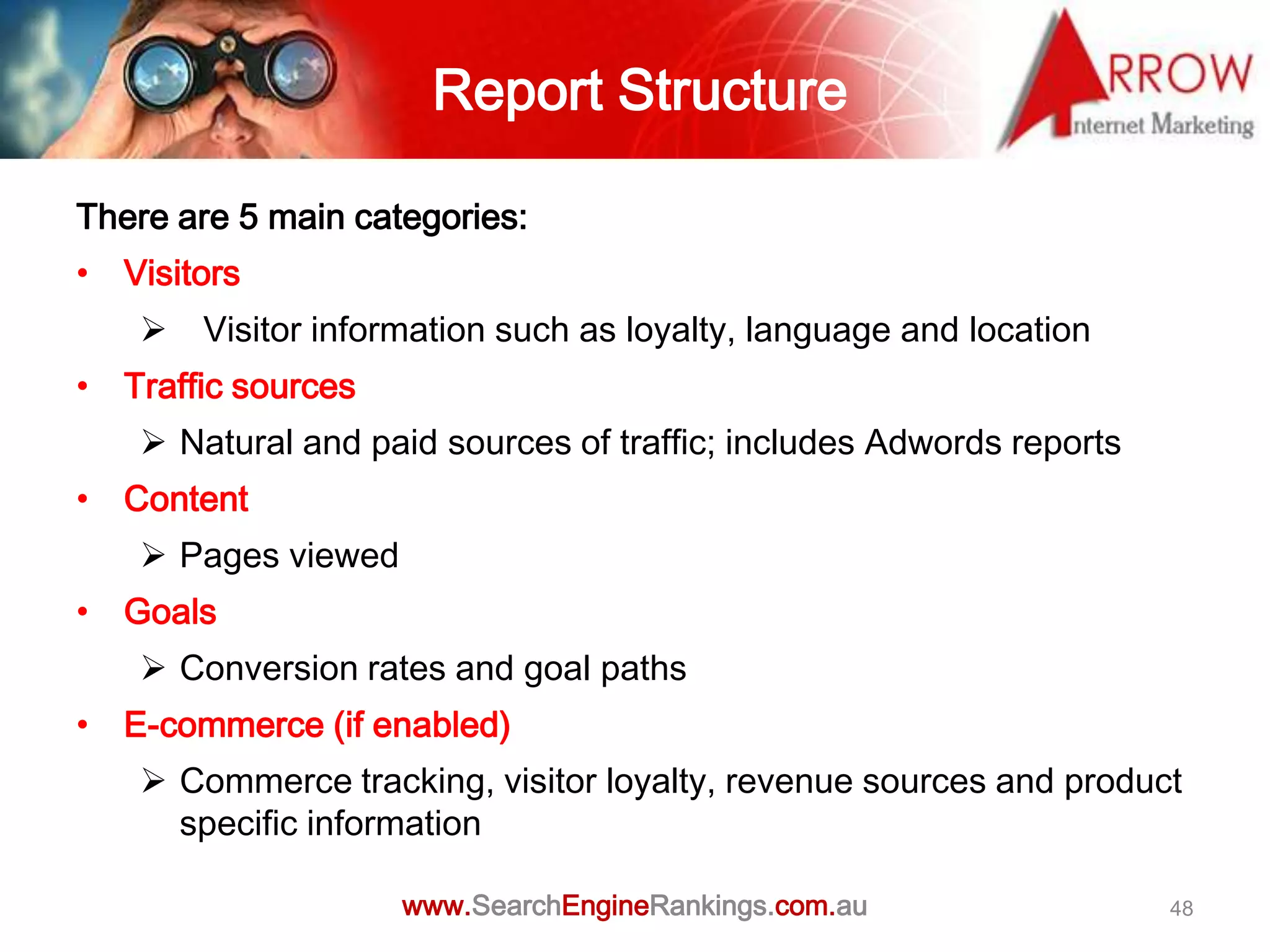 Report Structure

There are 5 main categories:
• Visitors
      Visitor information such as loyalty, language and location
• Traffic sources
    Natural and paid sources of traffic; includes Adwords reports
• Content
    Pages viewed
• Goals
    Conversion rates and goal paths
• E-commerce (if enabled)
    Commerce tracking, visitor loyalty, revenue sources and product
     specific information

                    www.SearchEngineRankings.com.au                  48
 