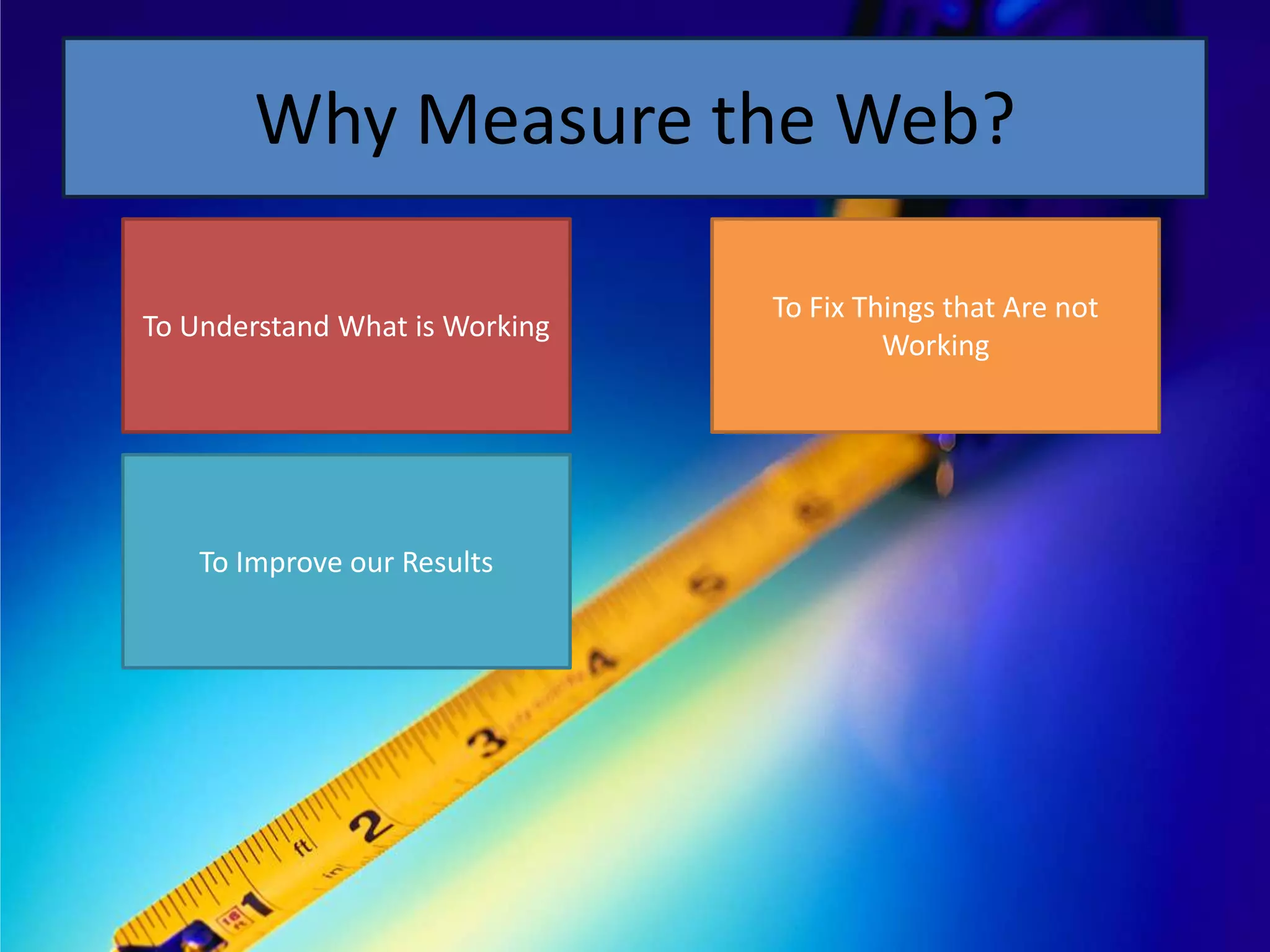 Why Measure the Web?

                                To Fix Things that Are not
To Understand What is Working
                                         Working




    To Improve our Results
 