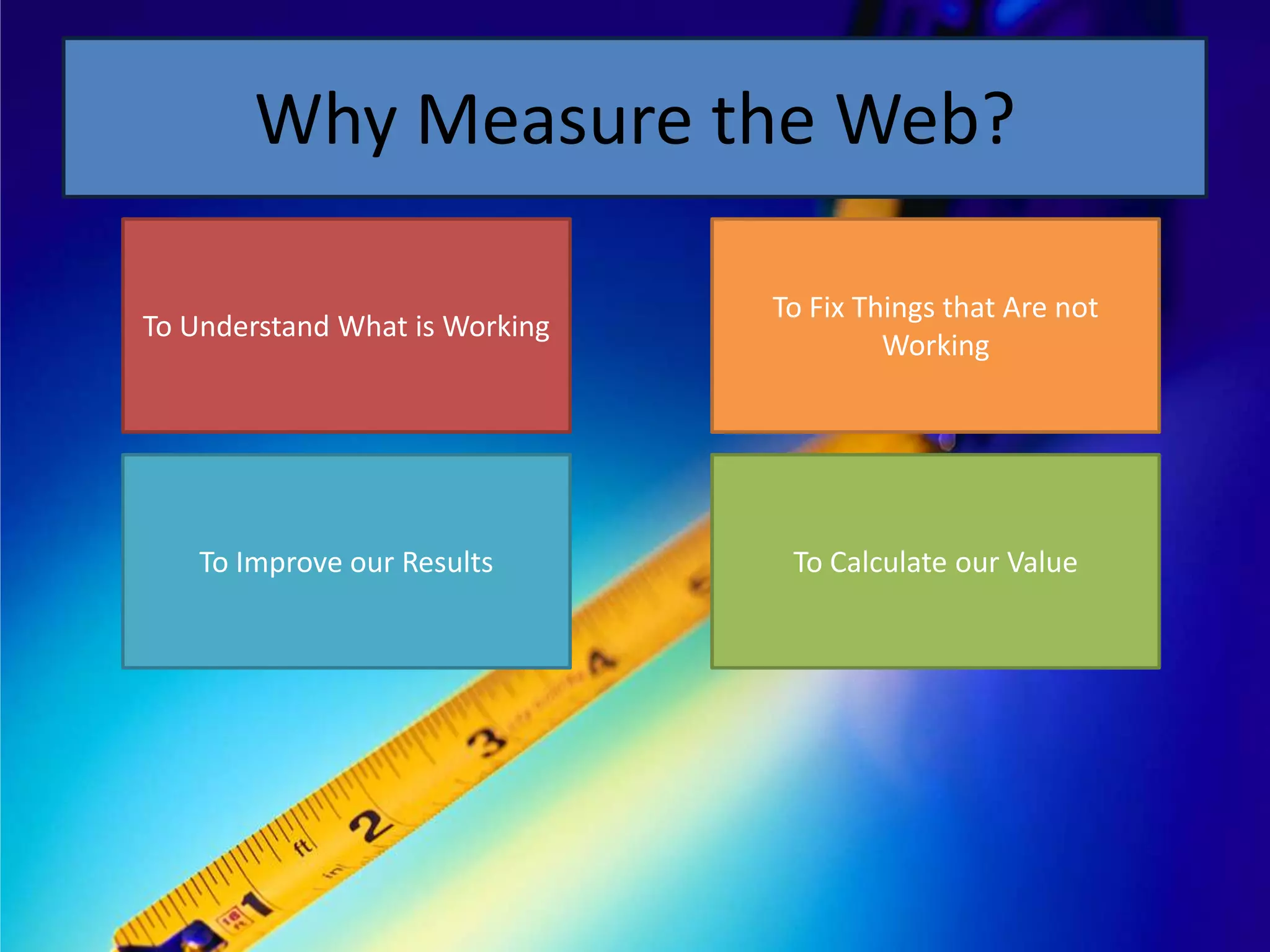 Why Measure the Web?

                                To Fix Things that Are not
To Understand What is Working
                                         Working




    To Improve our Results       To Calculate our Value
 