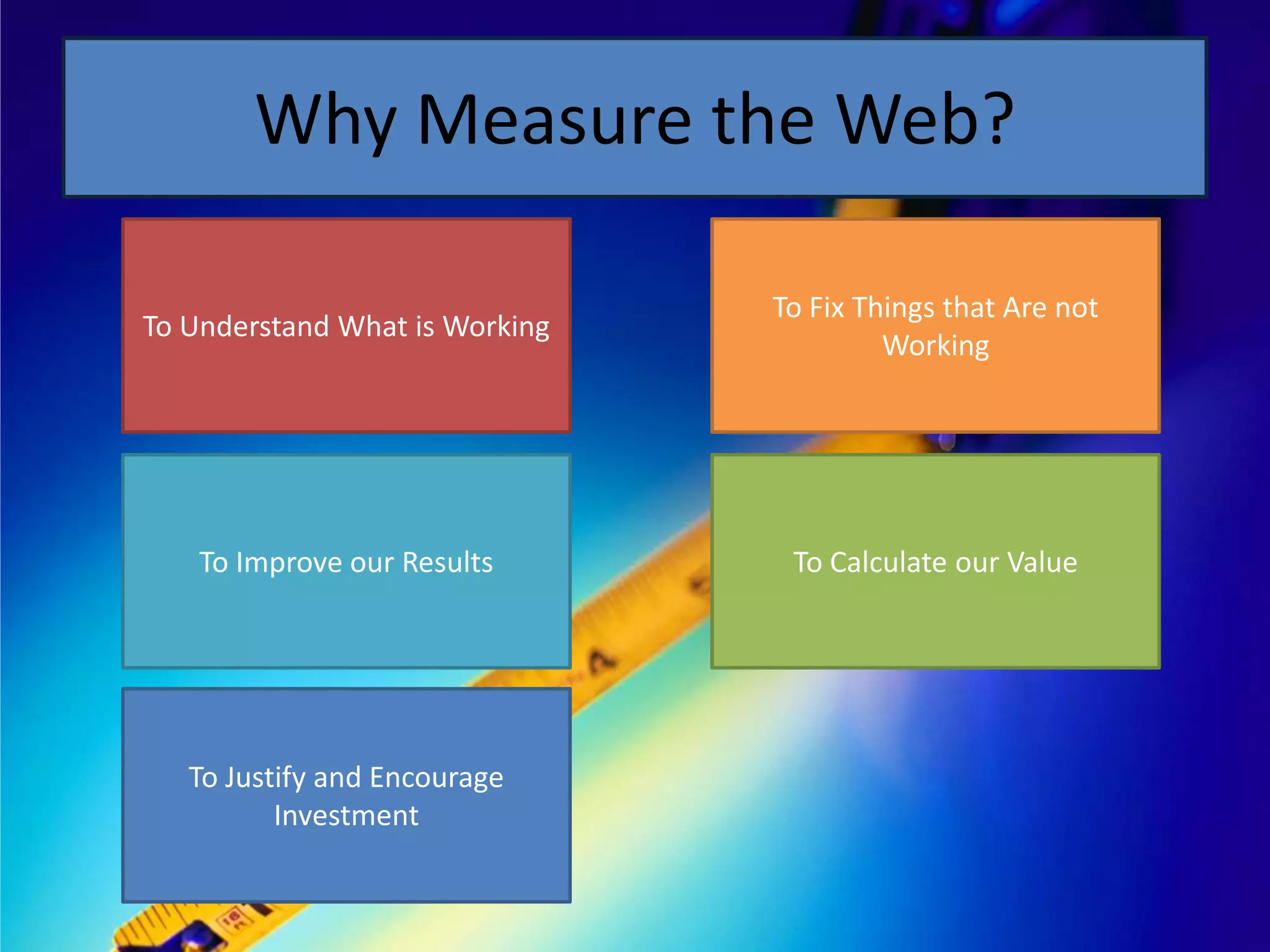 Why Measure the Web?

                                To Fix Things that Are not
To Understand What is Working
                                         Working




    To Improve our Results       To Calculate our Value




   To Justify and Encourage
          Investment
 
