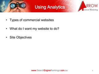 Using Analytics

• Types of commercial websites

• What do I want my website to do?

• Site Objectives




               ...