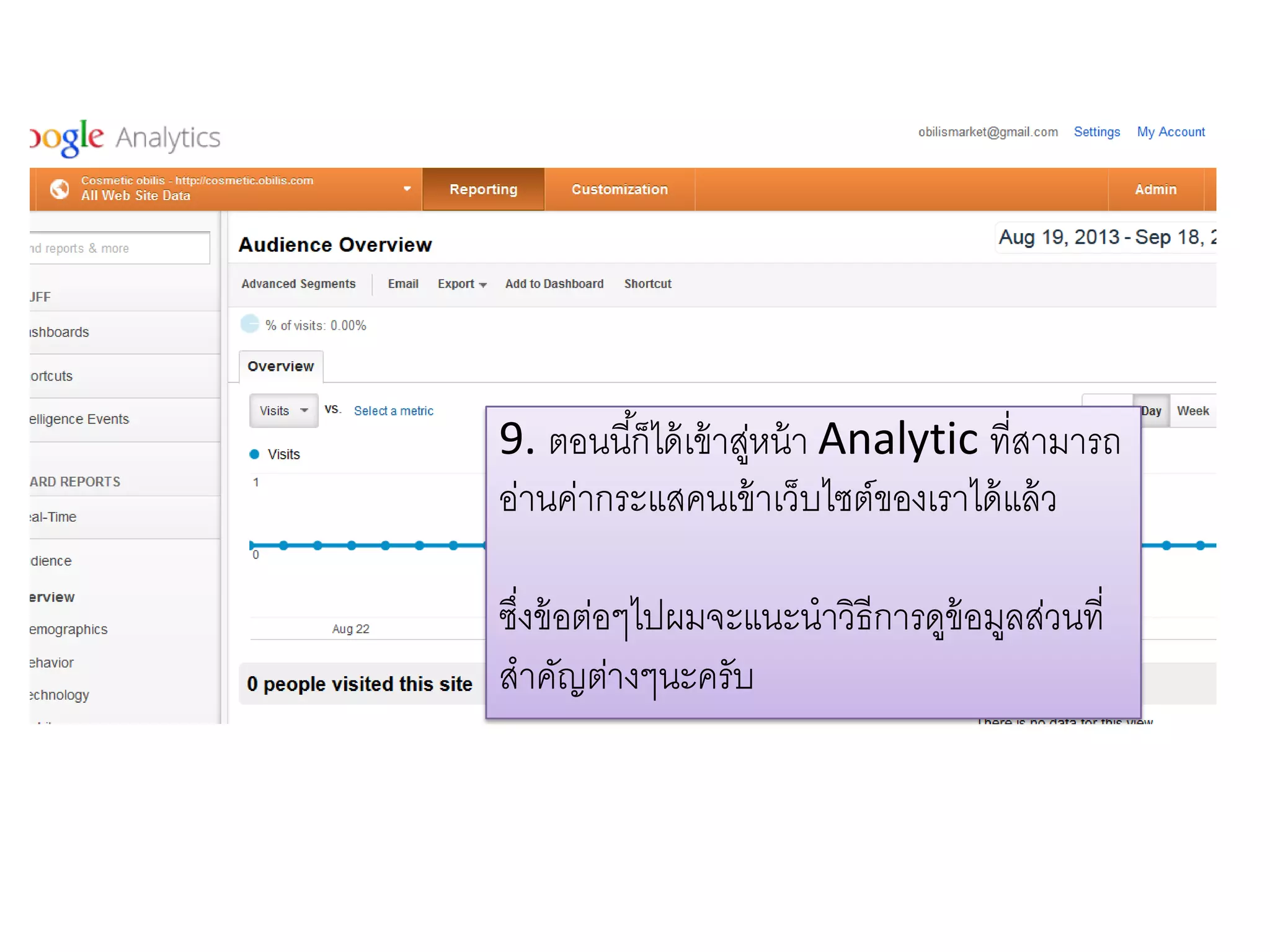 9. ตอนนี้ก็ได้เข้าสู่หน้า Analytic ที่สามารถ
อ่านค่ากระแสคนเข้าเว็บไซต์ของเราได้แล้ว
ซึ่งข้อต่อๆไปผมจะแนะนาวิธีการดูข้อมูลส่วนที่
สาคัญต่างๆนะครับ
 