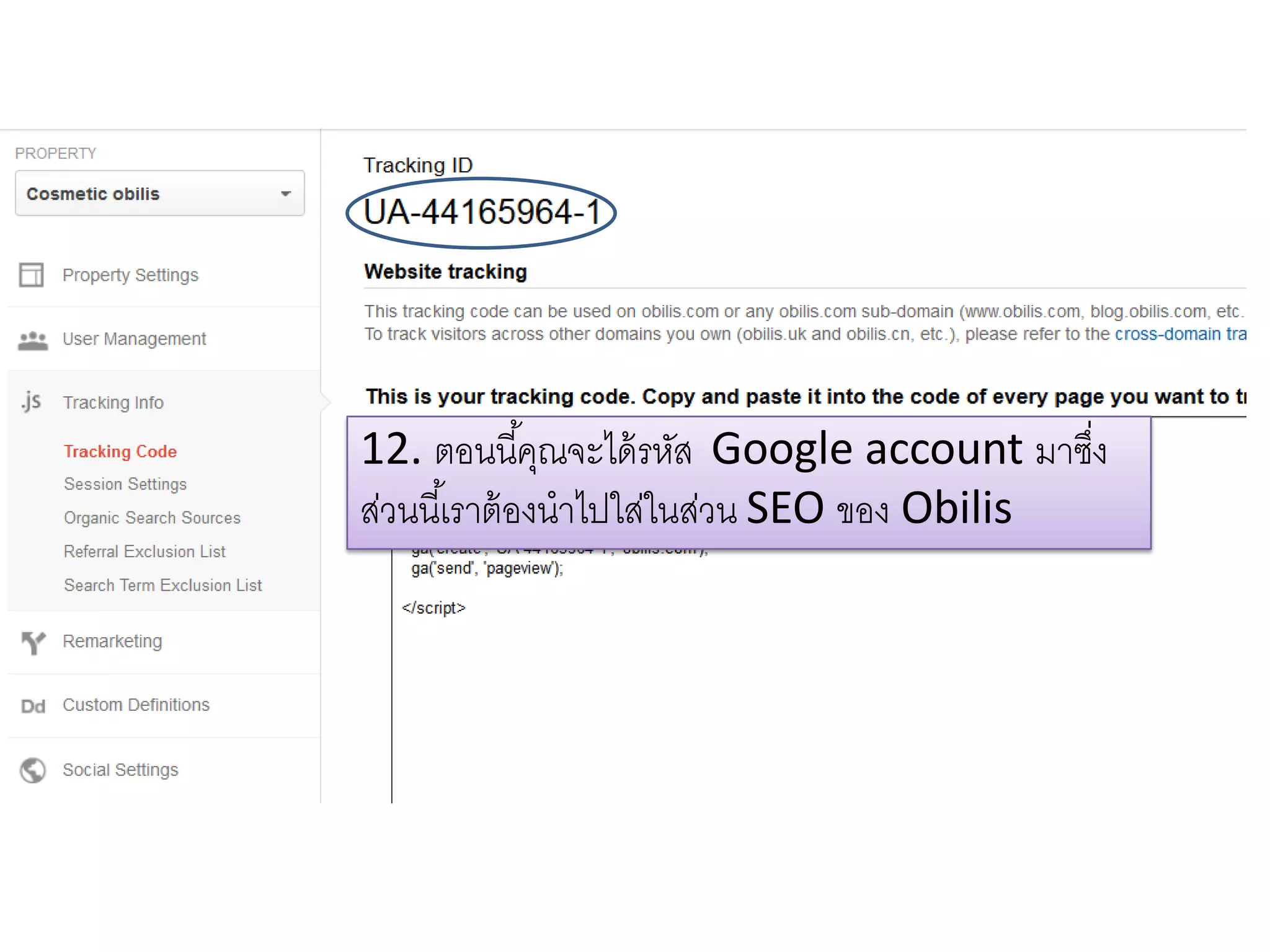 12. ตอนนี้คุณจะได้รหัส Google account มาซึ่ง
ส่วนนี้เราต้องนาไปใส่ในส่วน SEO ของ Obilis
 