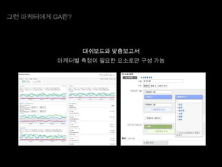 그런 마케터에게 GA란?

대쉬보드와 맞춤보고서
마케터별 측정이 필요한 요소로만 구성 가능

 