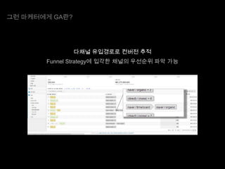 그런 마케터에게 GA란?

다채널 유입경로로 컨버전 추적
Funnel Strategy에 입각한 채널의 우선순위 파악 가능

 