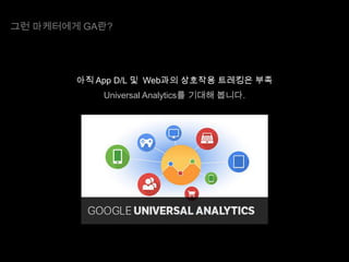 그런 마케터에게 GA란?

아직 App D/L 및 Web과의 상호작용 트레킹은 부족
Universal Analytics를 기대해 봅니다.

 