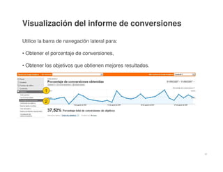 41
Visualización del informe de conversiones
Utilice la barra de navegación lateral para:
• Obtener el porcentaje de conve...