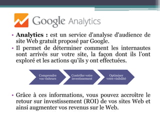 • Analytics : est un service d'analyse d'audience de
site Web gratuit proposé par Google.
• Il permet de déterminer comment les internautes
sont arrivés sur votre site, la façon dont ils l’ont
exploré et les actions qu’ils y ont effectuées.
• Grâce à ces informations, vous pouvez accroître le
retour sur investissement (ROI) de vos sites Web et
ainsi augmenter vos revenus sur le Web.
Comprendre
vos visiteurs
Contrôler votre
investissement
Optimiser
votre visibilité
 