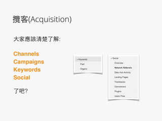 攬客(Acquisition)
⼤大家應該清楚了解:
!
Channels!
Campaigns!
Keywords!
Social!
!
了吧?
 