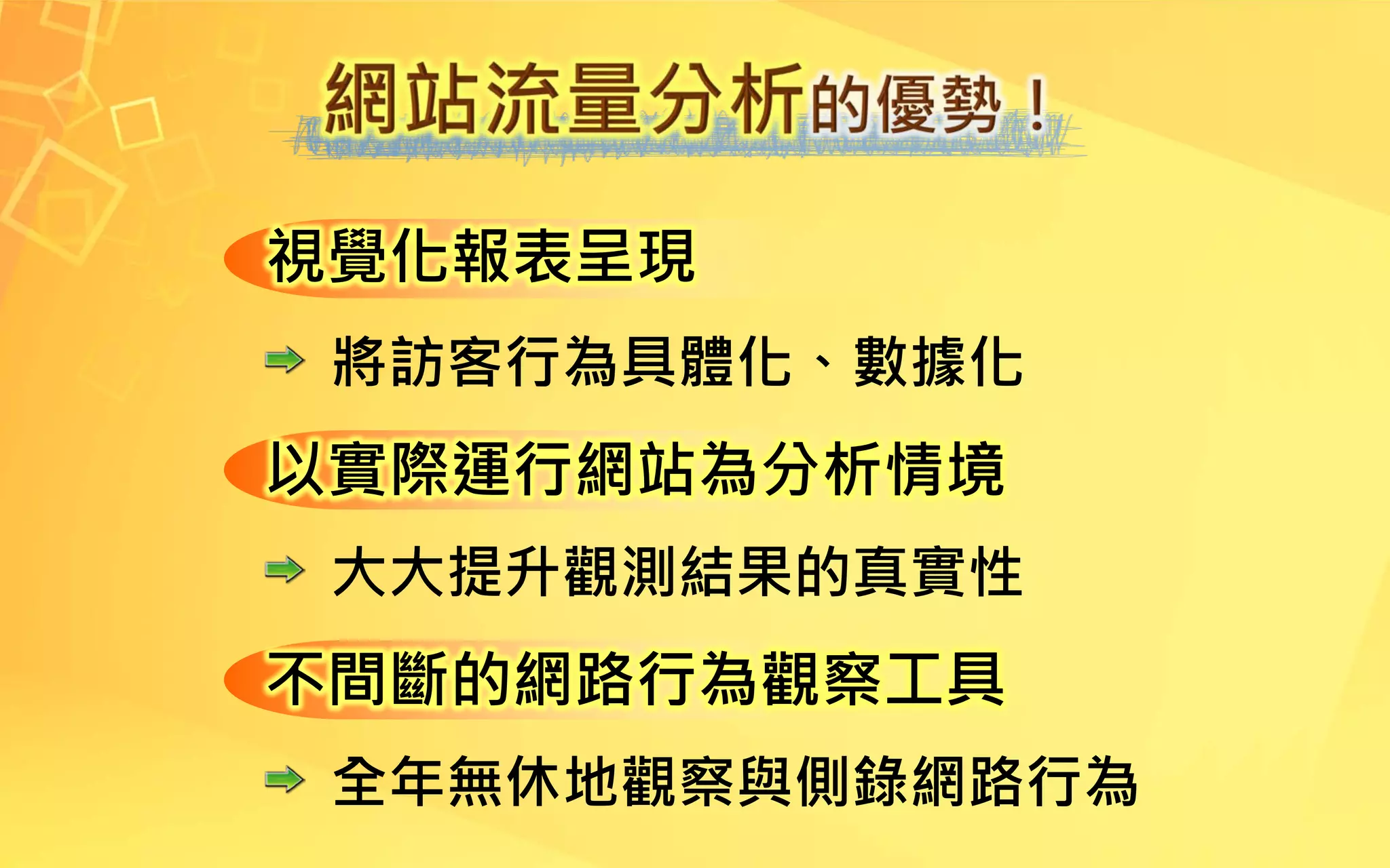 視覺化報表呈現
將訪客行為具體化、數據化
以實際運行網站為分析情境
大大提升觀測結果的真實性
不間斷的網路行為觀察工具
全年無休地觀察與側錄網路行為
 