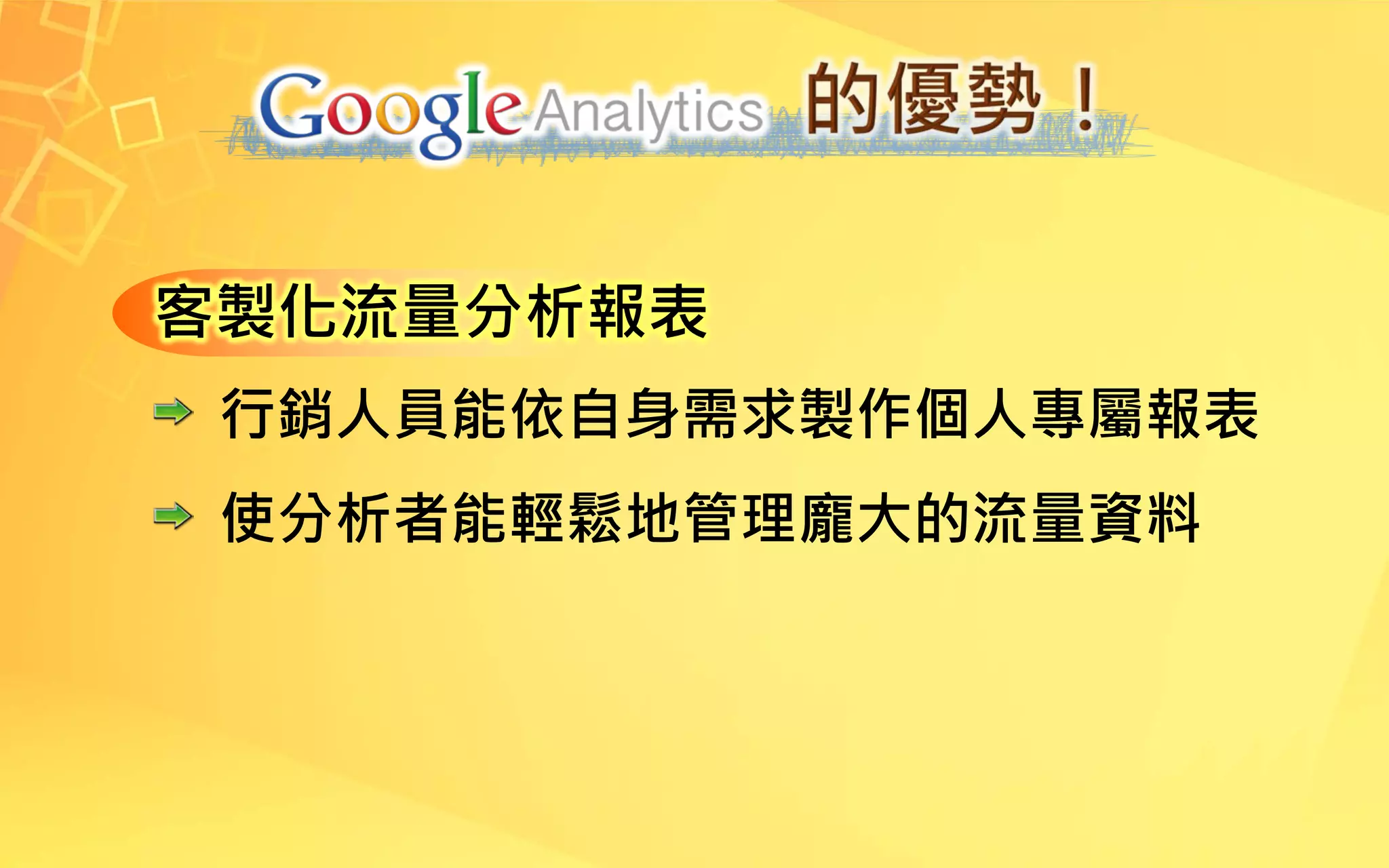 客製化流量分析報表
行銷人員能依自身需求製作個人專屬報表
使分析者能輕鬆地管理龐大的流量資料
 