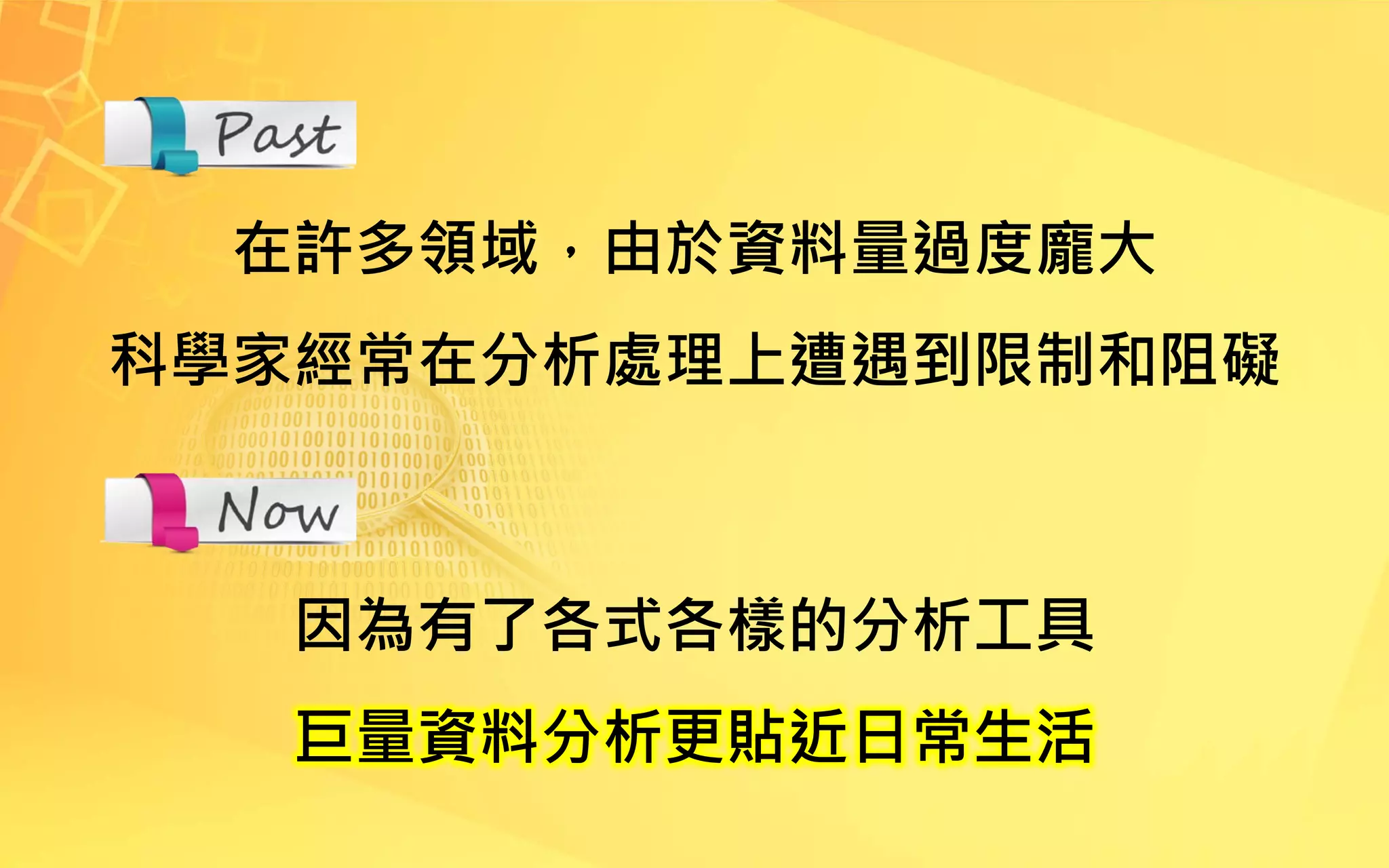 在許多領域，由於資料量過度龐大
科學家經常在分析處理上遭遇到限制和阻礙
因為有了各式各樣的分析工具
巨量資料分析更貼近日常生活
 