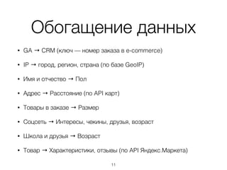 Обогащение данных
• GA → CRM (ключ — номер заказа в e-commerce)
• IP → город, регион, страна (по базе GeoIP)
• Имя и отчество → Пол
• Адрес → Расстояние (по API карт)
• Товары в заказе → Размер
• Соцсеть → Интересы, чекины, друзья, возраст
• Школа и друзья → Возраст
• Товар → Характеристики, отзывы (по API Яндекс.Маркета)
11
 