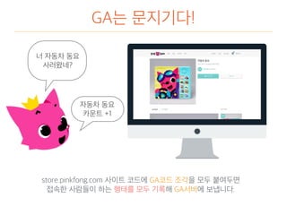 GA는 문지기다!
store.pinkfong.com 사이트 코드에 GA코드 조각을 모두 붙여두면
접속한 사람들이 하는 행태를 모두 기록해 GA서버에 보냅니다.
너 자동차 동요
사러왔네?
자동차 동요
카운트 +1
 