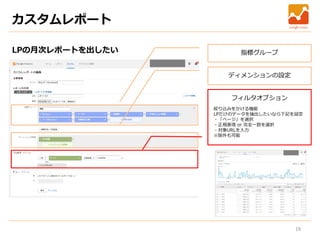 19
カスタムレポート
LPの月次レポートを出したい 指標グループ
フィルタオプション
絞り込みをかける機能
LPだけのデータを抽出したいなら下記を設定
・「ページ」を選択
・正規表現 or 完全一致を選択
・対象URLを入力
※除外も可能
ディメンションの設定
 