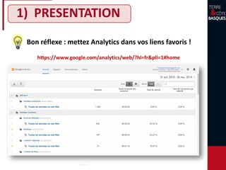 1) PRESENTATION
Bon réflexe : mettez Analytics dans vos liens favoris !
https://www.google.com/analytics/web/?hl=fr&pli=1#home
 