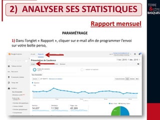 2) ANALYSER SES STATISTIQUES
Rapport mensuel
PARAMÉTRAGE
1) Dans l’onglet « Rapport », cliquer sur e-mail afin de programmer l’envoi
sur votre boîte perso,
 