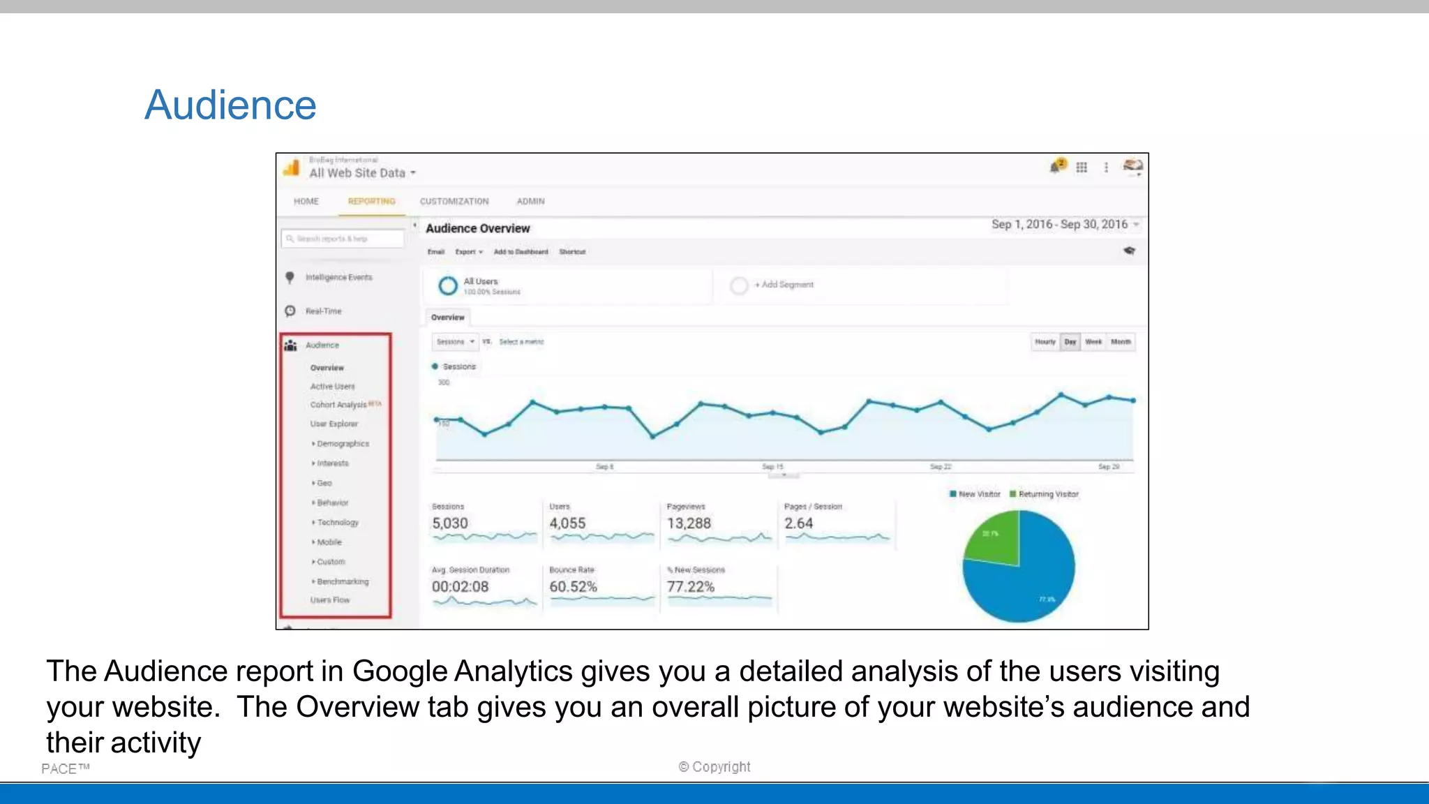 Audience
The Audience report in Google Analytics gives you a detailed analysis of the users visiting
your website. The Overview tab gives you an overall picture of your website’s audience and
their activity
 