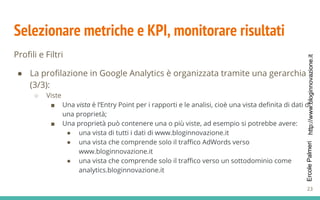 http://www.bloginnovazione.itErcolePalmeri
Selezionare metriche e KPI, monitorare risultati
Profili e Filtri
● La profilazione in Google Analytics è organizzata tramite una gerarchia
(3/3):
○ Viste
■ Una vista è l’Entry Point per i rapporti e le analisi, cioè una vista definita di dati di
una proprietà;
■ Una proprietà può contenere una o più viste, ad esempio si potrebbe avere:
● una vista di tutti i dati di www.bloginnovazione.it
● una vista che comprende solo il traffico AdWords verso
www.bloginnovazione.it
● una vista che comprende solo il traffico verso un sottodominio come
analytics.bloginnovazione.it
23
 