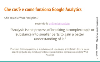 http://www.bloginnovazione.itErcolePalmeri
Che cos’è e come funziona Google Analytics
Che cos’è la WEB Analytics ?
secondo la online-behaviour
”Analysis is the process of breaking a complex topic or
substance into smaller parts to gain a better
understanding of it.”
Processo di scomposizione e suddivisione di una analisi articolata in diversi step e
aspetti di studio più miratI, per ottenere una migliore comprensione della WEB
Analitics
4
 