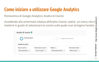 http://www.bloginnovazione.itErcolePalmeri
Come iniziare a utilizzare Google Analytics
Panoramica di Google Analytics: Analisi di Coorte
Accedendo alla schermata relativa all’Analisi Coorte, vedrai un menu che ti
metterà in grado di selezionare la coorte sulla quale vuoi stringere l’analisi.
55
 