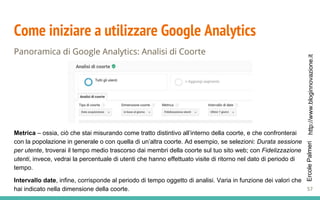http://www.bloginnovazione.itErcolePalmeri
Come iniziare a utilizzare Google Analytics
Panoramica di Google Analytics: Analisi di Coorte
Metrica – ossia, ciò che stai misurando come tratto distintivo all’interno della coorte, e che confronterai
con la popolazione in generale o con quella di un’altra coorte. Ad esempio, se selezioni: Durata sessione
per utente, troverai il tempo medio trascorso dai membri della coorte sul tuo sito web; con Fidelizzazione
utenti, invece, vedrai la percentuale di utenti che hanno effettuato visite di ritorno nel dato di periodo di
tempo.
Intervallo date, infine, corrisponde al periodo di tempo oggetto di analisi. Varia in funzione dei valori che
hai indicato nella dimensione della coorte. 57
 