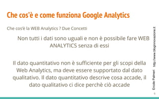 http://www.bloginnovazione.itErcolePalmeri
Che cos’è e come funziona Google Analytics
Che cos’è la WEB Analytics ? Due Concetti
Non tutti i dati sono uguali e non è possibile fare WEB
ANALYTICS senza di essi
Il dato quantitativo non è sufficiente per gli scopi della
Web Analytics, ma deve essere supportato dal dato
qualitativo. Il dato quantitativo descrive cosa accade, il
dato qualitativo ci dice perchè ciò accade
6
 
