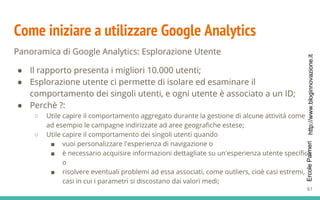 http://www.bloginnovazione.itErcolePalmeri
Come iniziare a utilizzare Google Analytics
Panoramica di Google Analytics: Esplorazione Utente
● Il rapporto presenta i migliori 10.000 utenti;
● Esplorazione utente ci permette di isolare ed esaminare il
comportamento dei singoli utenti, e ogni utente è associato a un ID;
● Perchè ?:
○ Utile capire il comportamento aggregato durante la gestione di alcune attività come
ad esempio le campagne indirizzate ad aree geografiche estese;
○ Utile capire il comportamento dei singoli utenti quando
■ vuoi personalizzare l'esperienza di navigazione o
■ è necessario acquisire informazioni dettagliate su un'esperienza utente specifica
o
■ risolvere eventuali problemi ad essa associati, come outliers, cioè casi estremi,
casi in cui i parametri si discostano dai valori medi;
61
 