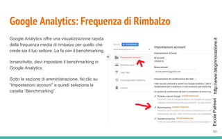 http://www.bloginnovazione.itErcolePalmeri
Google Analytics: Frequenza di Rimbalzo
Google Analytics offre una visualizzazione rapida
della frequenza media di rimbalzo per quello che
crede sia il tuo settore. Lo fa con il benchmarking.
Innanzitutto, devi impostare il benchmarking in
Google Analytics.
Sotto la sezione di amministrazione, fai clic su
“Impostazioni account” e quindi seleziona la
casella “Benchmarking”.
66
 