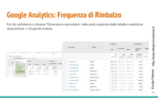 http://www.bloginnovazione.itErcolePalmeri
Google Analytics: Frequenza di Rimbalzo
Fai clic sull’elenco a discesa “Dimensione secondaria” nella parte superiore della tabella e seleziona
Acquisizione -> Sorgente.ondaria.
74
 