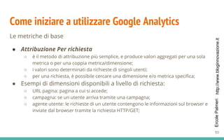 http://www.bloginnovazione.itErcolePalmeri
Come iniziare a utilizzare Google Analytics
Le metriche di base
● Attribuzione Per richiesta
○ è il metodo di attribuzione più semplice, e produce valori aggregati per una sola
metrica o per una coppia metrica/dimensione;
○ i valori sono determinati da richieste di singoli utenti;
○ per una richiesta, è possibile cercare una dimensione e/o metrica specifica;
● Esempi di dimensioni disponibili a livello di richiesta:
○ URL pagina: pagina a cui si accede;
○ campagna: se un utente arriva tramite una campagna;
○ agente utente: le richieste di un utente contengono le informazioni sul browser e
inviate dal browser tramite la richiesta HTTP/GET;
93
 