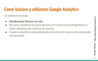 http://www.bloginnovazione.itErcolePalmeri
Come iniziare a utilizzare Google Analytics
Le metriche di base
● Attribuzione Ricerca su sito
● Ha come obiettivo la stima dei tassi di conversione all'obiettivo e i
valori obiettivo per termine di ricerca;
● Il valore obiettivo viene attribuito al termine di ricerca che porta alla
conversione;
95
 