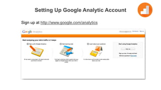 Setting Up Google Analytic Account
Sign up at http://www.google.com/analytics
 