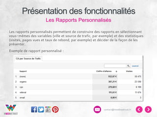 Présentation des fonctionnalités
Les Rapports Personnalisés
Les rapports personnalisés permettent de construire des rapports en sélectionnant
vous-mêmes des variables (ville et source de trafic, par exemple) et des statistiques
(visites, pages vues et taux de rebond, par exemple) et décider de la façon de les
présenter.
Exemple de rapport personnalisé :

contact@inwebwetrust.fr

 
