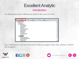 Excellent Analytic
Introduction
Les dimensions sont à sélectionner grâce à des cases à cocher :

Les « dimensions » sont les informations liées aux pages, mots-clés, visiteurs, chemin
de navigation…

contact@inwebwetrust.fr

 