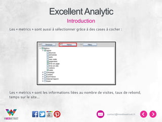 Excellent Analytic
Introduction
Les « metrics » sont aussi à sélectionner grâce à des cases à cocher :

Les « metrics » sont les informations liées au nombre de visites, taux de rebond,
temps sur le site…

contact@inwebwetrust.fr

 