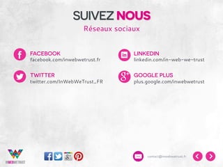 SUIVEZ NOUS
Réseaux sociaux

v

FACEBOOK

LINKEDIN

t

TWITTER

GOOGLE PLUS

twitter.com/InWebWeTrust_FR

plus.google.com/inwebwetrust

facebook.com/inwebwetrust.fr

linkedin.com/in-web-we-trust

contact@inwebwetrust.fr

 