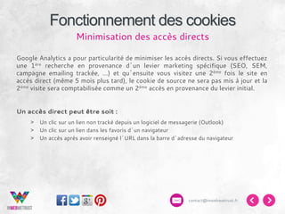 Fonctionnement des cookies
Minimisation des accès directs
Google Analytics a pour particularité de minimiser les accès directs. Si vous effectuez
une 1ère recherche en provenance d’un levier marketing spécifique (SEO, SEM,
campagne emailing trackée, …) et qu’ensuite vous visitez une 2ème fois le site en
accès direct (même 5 mois plus tard), le cookie de source ne sera pas mis à jour et la
2ème visite sera comptabilisée comme un 2ème accès en provenance du levier initial.
Un accès direct peut être soit :
>  Un clic sur un lien non tracké depuis un logiciel de messagerie (Outlook)
>  Un clic sur un lien dans les favoris d’un navigateur
>  Un accès après avoir renseigné l’URL dans la barre d’adresse du navigateur

contact@inwebwetrust.fr

 
