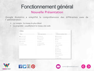 Fonctionnement général
Nouvelle Présentation
Google Analytics a simplifié la compréhension des différentes vues de
l’administration :
>  Le compte : le niveau le plus élevé
>  La propriété : usuellement le niveau site web

contact@inwebwetrust.fr

 