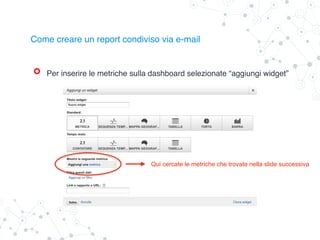 Per inserire le metriche sulla dashboard selezionate “aggiungi widget”
Come creare un report condiviso via e-mail
Qui cercate le metriche che trovate nella slide successiva
 
