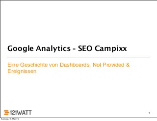 Google Analytics - SEO Campixx

       Eine Geschichte von Dashboards, Not Provided &
       Ereignissen




                                                        1

Samstag, 16. März 13
 