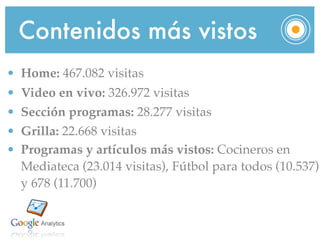 Contenidos más vistos                           a
• Home: 467.082 visitas
•   Video en vivo: 326.972 visitas
•   Sección programas: 28.277 visitas
•   Grilla: 22.668 visitas
•   Programas y artículos más vistos: Cocineros en
    Mediateca (23.014 visitas), Fútbol para todos (10.537)
    y 678 (11.700)
 