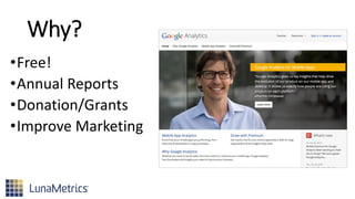 Why?
•Free!
•Annual Reports
•Donation/Grants
•Improve Marketing
 