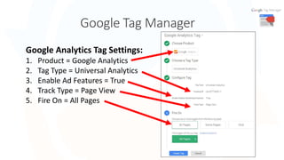 Google Tag Manager
14
Google Analytics Tag Settings:
1. Product = Google Analytics
2. Tag Type = Universal Analytics
3. Enable Ad Features = True
4. Track Type = Page View
5. Fire On = All Pages
 