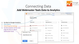 Connecting Data
21
Add Webmaster Tools Data to Analytics
1. Go Back to Google Analytics.
2. Click Admin
3. Click Property Settings
4. Scroll to bottom of the next
page & click on adjust
webmaster tools.
 