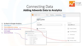 Connecting Data
23
Adding Adwords Data to Analytics
1. Go Back to Google Analytics.
2. Click Admin
3. Click AdWords Linking
4. Select Adwords Account on
next page.
5. Click Continue.
 