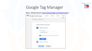Google Tag Manager
6
Step 1: Setup Account: http://www.google.com/tagmanager/
 